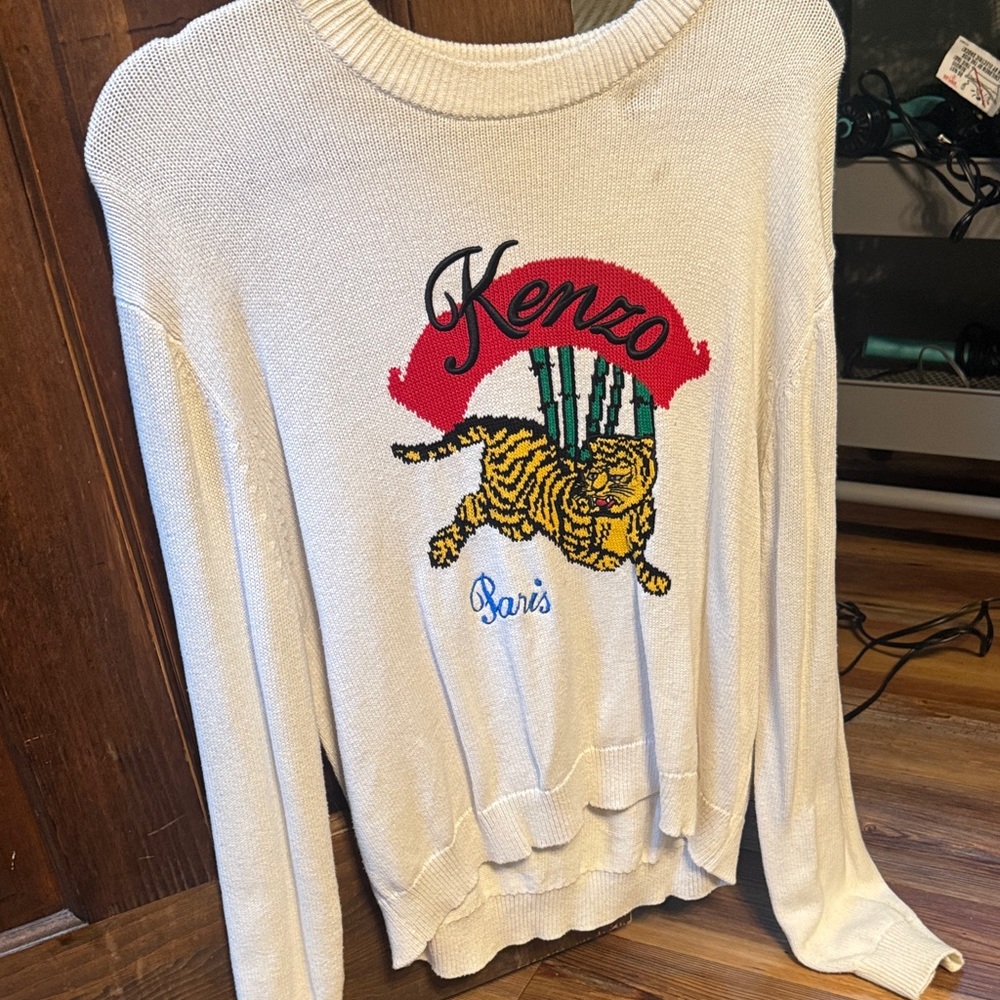 Kenzo Cream Crewneck Sweater with Red, Yellow and Green Tiger Motif